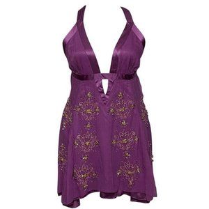Marciano Purple Chiffon Halter Dress Y2K Gold Thread Stone Small Petite
